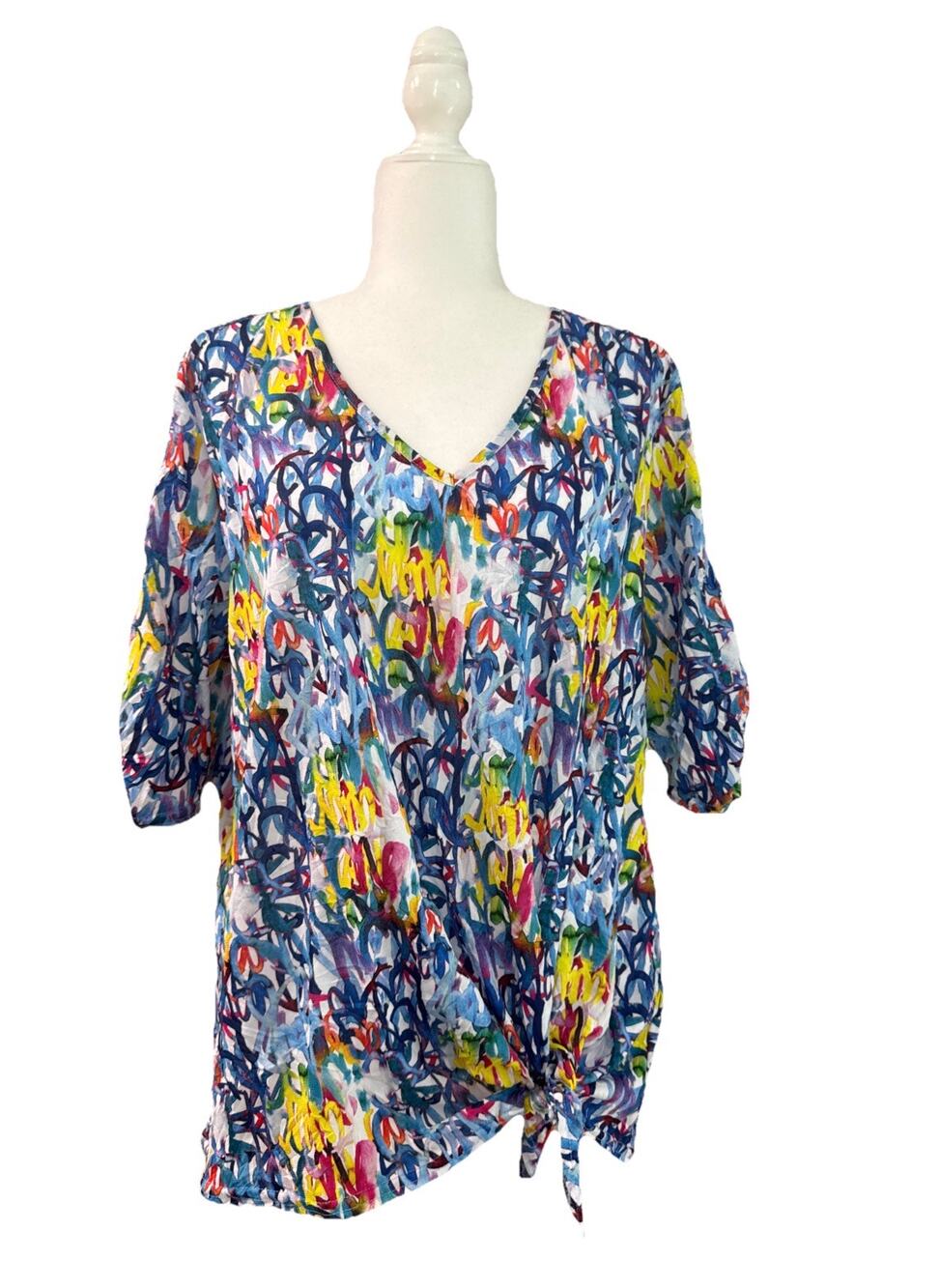 SNOSKINS‎ V-Neck Top Womens XL Blue Art to Wear Abstract Side Tie